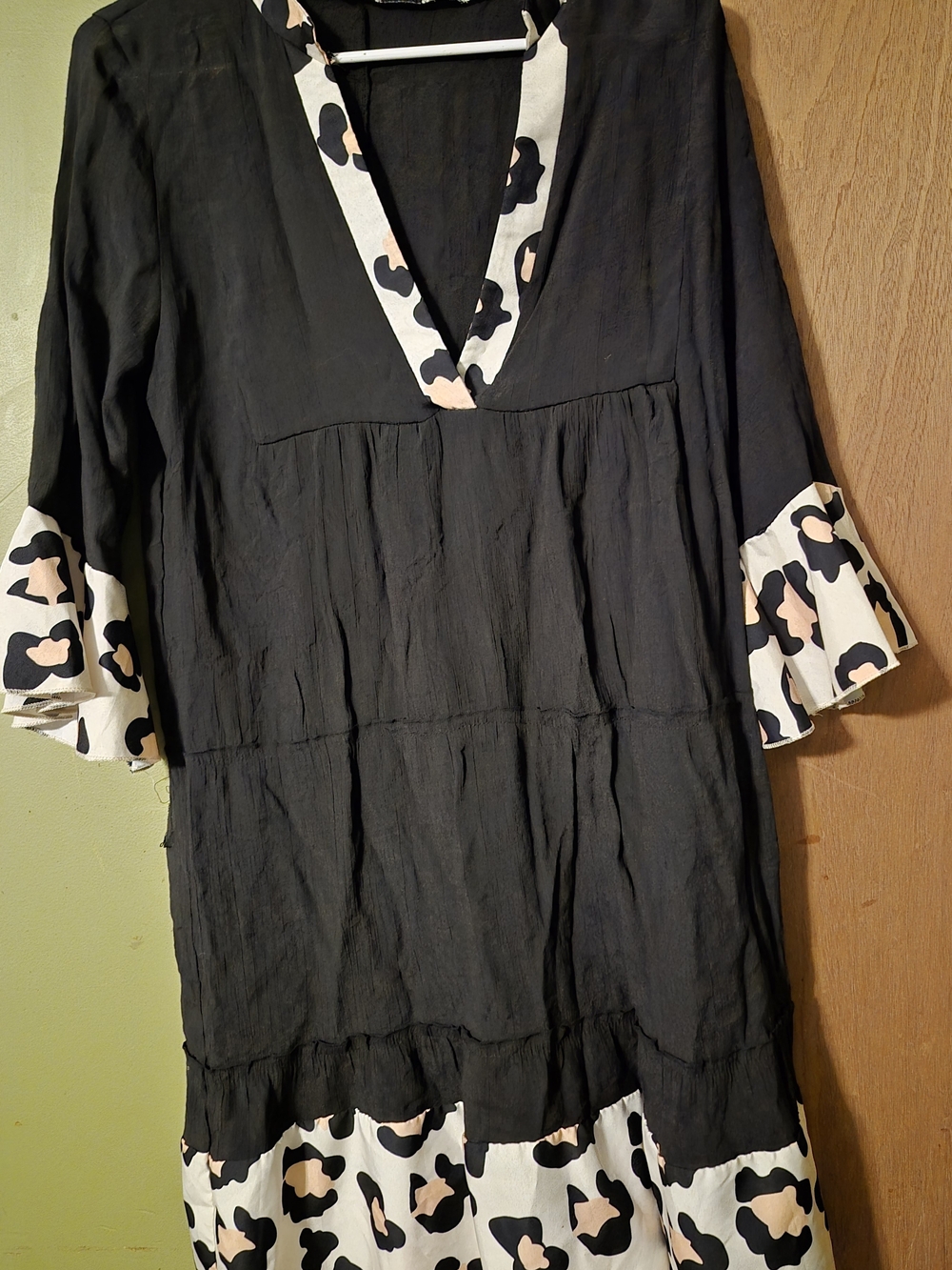 Women's Black Leopard Patchwork Tiered Dress.